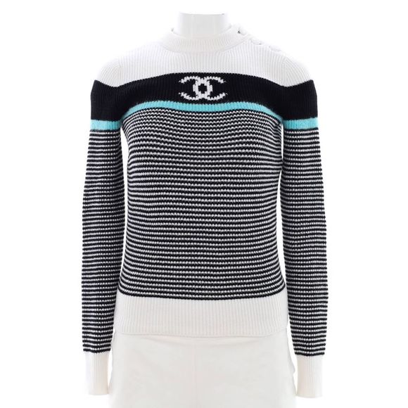 CHANEL CC Logo Striped Jacket Navy Blue